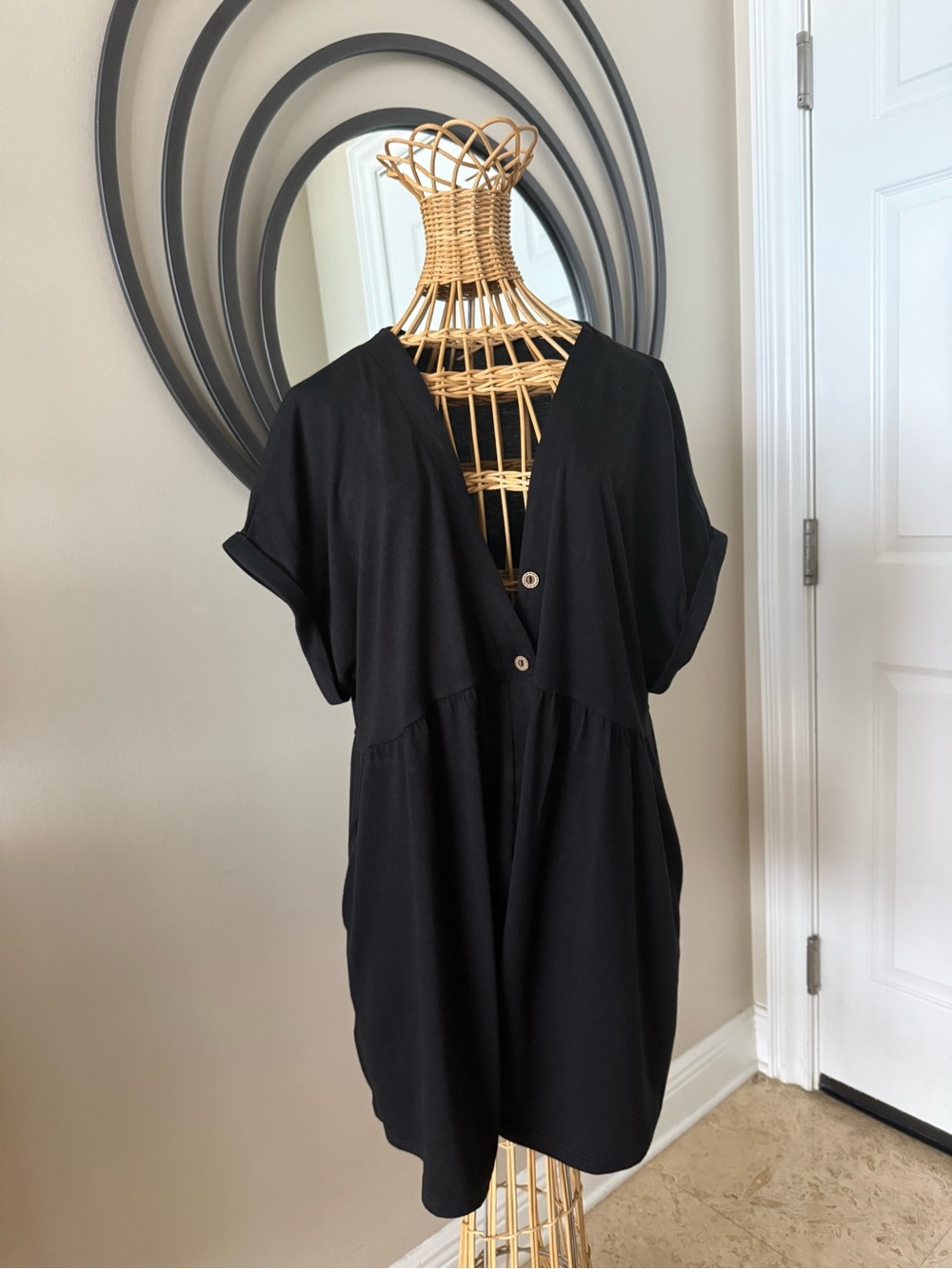 Black V-Neck Button Front Women’s Romper